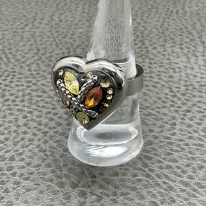 KC Heart Statement Ring Silver Tone Multicolor Crystal Rhinestone Cocktail Bold